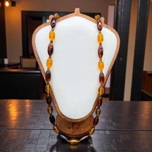 Vintage Lucite Faux Amber Chunky Beaded Necklace Boho Staple Retro 2 Tone As Is